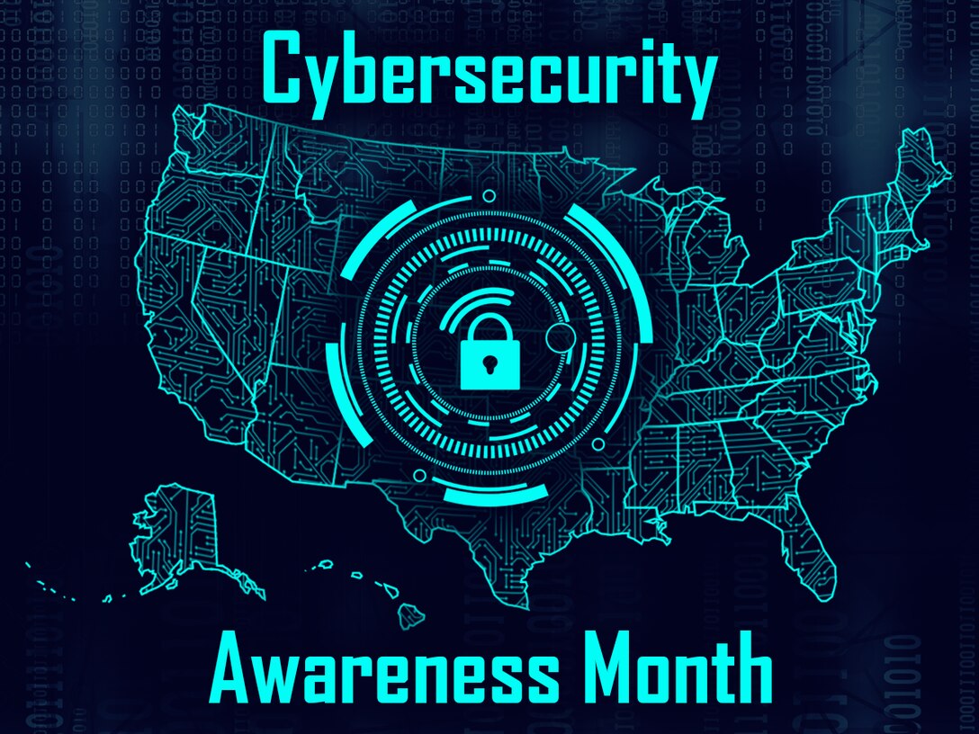 Cybersecurity Awareness Month graphic design of the United States with a lock and cyber ring around it.