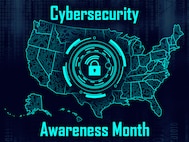 Cybersecurity Awareness Month graphic design of the United States with a lock and cyber ring around it.