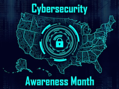 Cybersecurity Awareness Month graphic design of the United States with a lock and cyber ring around it.