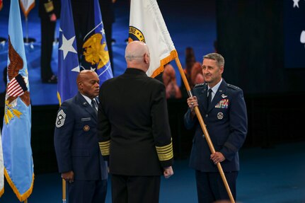 Navy Adm. Christopher Grady, vice chairman of the Joint Chiefs of Staff, hosts the assumption of responsibility ceremony for the chief of the National Guard Bureau, Joint Base Myer Henderson Hall, Arlington, Virginia, Oct. 15, 2024. Air Force Gen. Steven Nordhaus will serve as the 30th CNGB and a member of the Joint Chiefs of Staff, succeeding Army Gen. Daniel Hokanson, who retired in August.