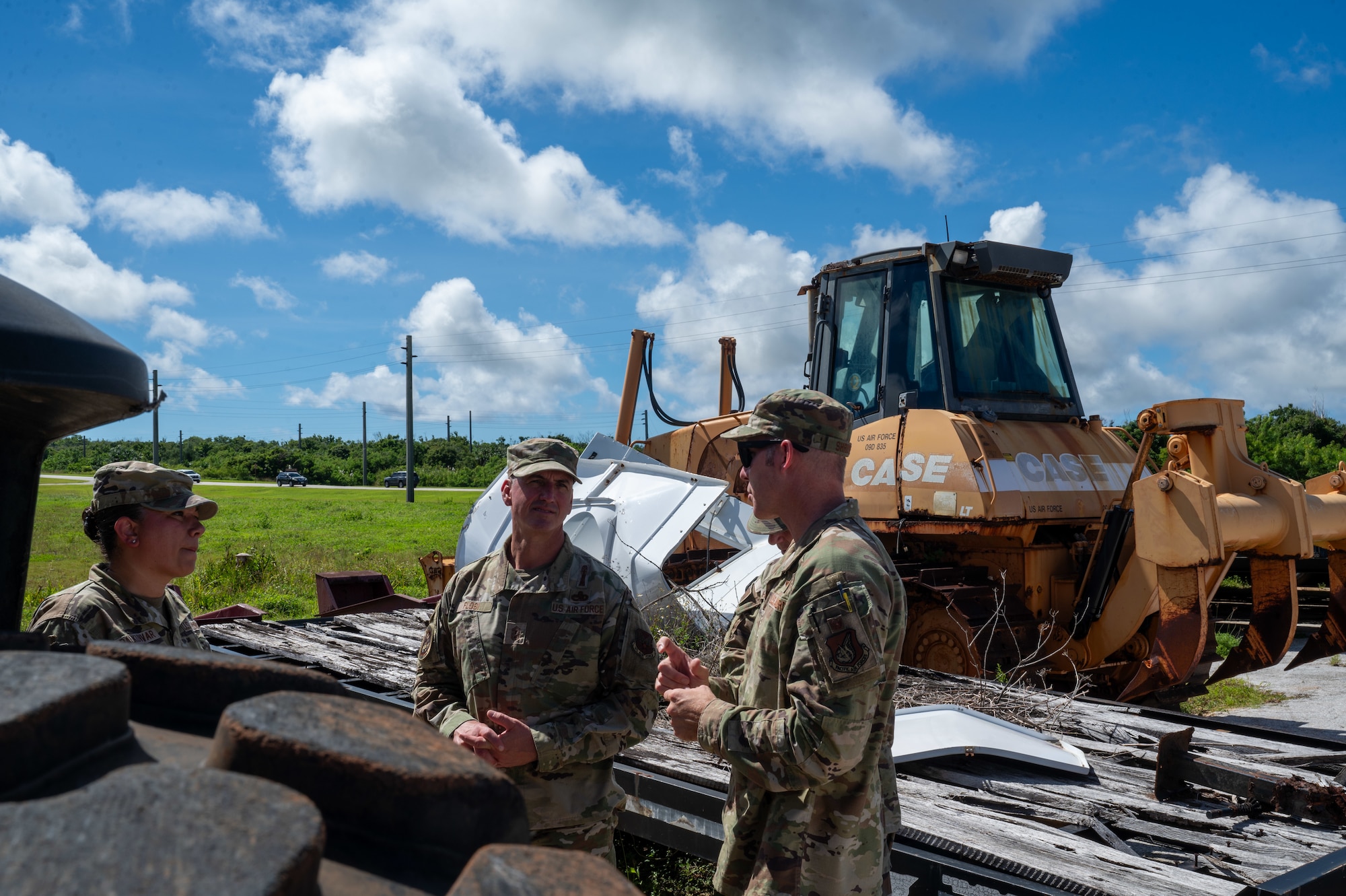 Col. Brandon Shroyer, 36th Wing Deputy Commander, speaks to Chief Master Sgt. David Flosi, Chief Master Sergeant of the Air Force, about the state of the War Reserve Materiel, at Andersen Air Force Base, Guam, Oct. 13, 2024. Allvin and Flosi heard directly from Airmen on how they are evolving the way the team projects power and generates readiness as part of the service’s effort to reoptimize for Great Power Competition. In addition, the leaders observed firsthand the state of War Reserve Materiel (WRM) and facilities on the base. (U.S. Air Force photo by Airman 1st Class Manasseh Demissie)