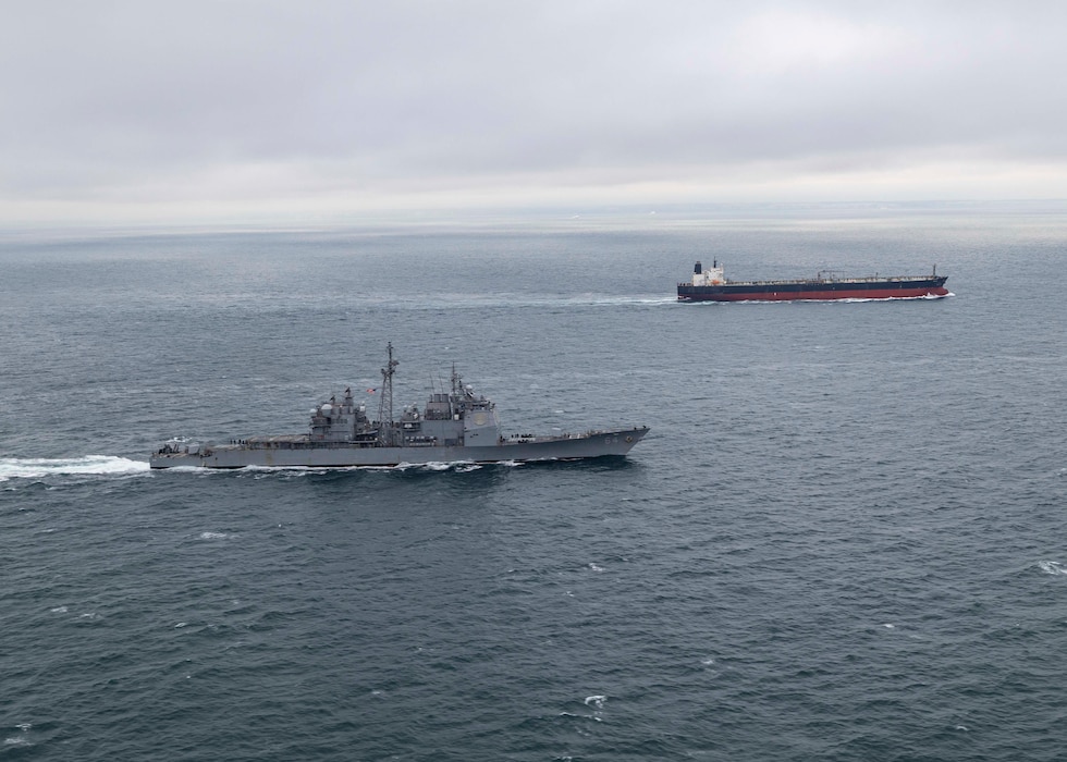 USS Gettysburg (CG 64) transits the Strait of Dover.