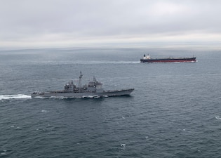 USS Gettysburg (CG 64) transits the Strait of Dover.