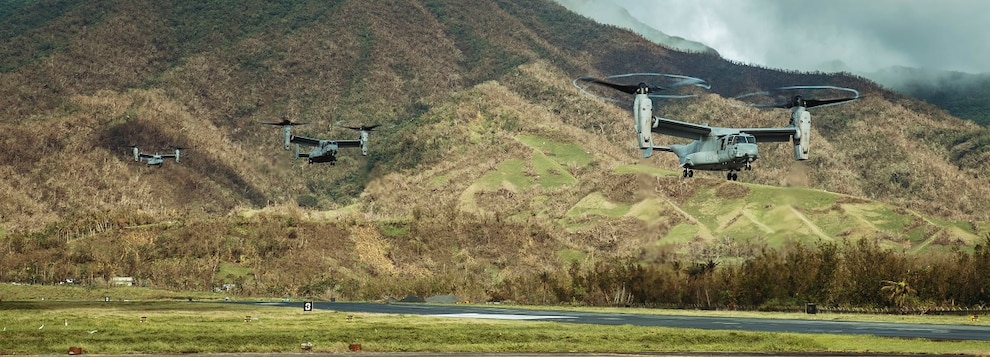 U.S. Marine Corps MV-22B Ospreys attached to Marine Medium Tiltrotor Squadron (VMM) 165 (Reinforced), 15th Marine Expeditionary Unit, land at Basco Airport during foreign disaster relief operations in Basco, Batanes Province, Philippines, Oct. 8, 2024.