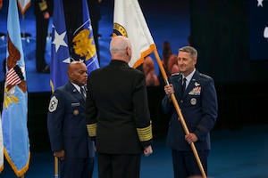 Navy Adm. Christopher Grady, vice chairman of the Joint Chiefs of Staff, hosts the assumption of responsibility ceremony for the chief of the National Guard Bureau, Joint Base Myer Henderson Hall, Arlington, Virginia, Oct. 15, 2024. Air Force Gen. Steven Nordhaus will serve as the 30th CNGB and a member of the Joint Chiefs of Staff, succeeding Army Gen. Daniel Hokanson, who retired in August.