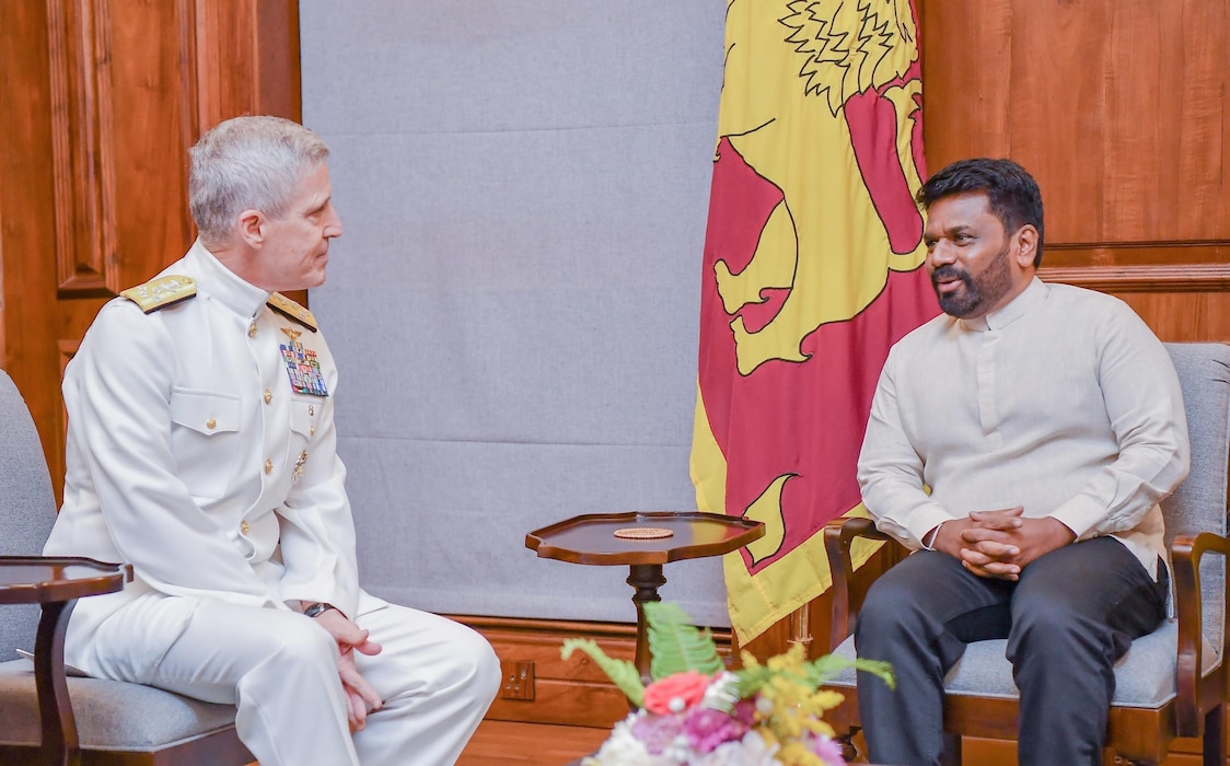 Adm. Steve Koehler, left, meets with Sri Lanka President Anura Dissanayake at the Presidential Secretariat in Colombo, Sri Lanka.