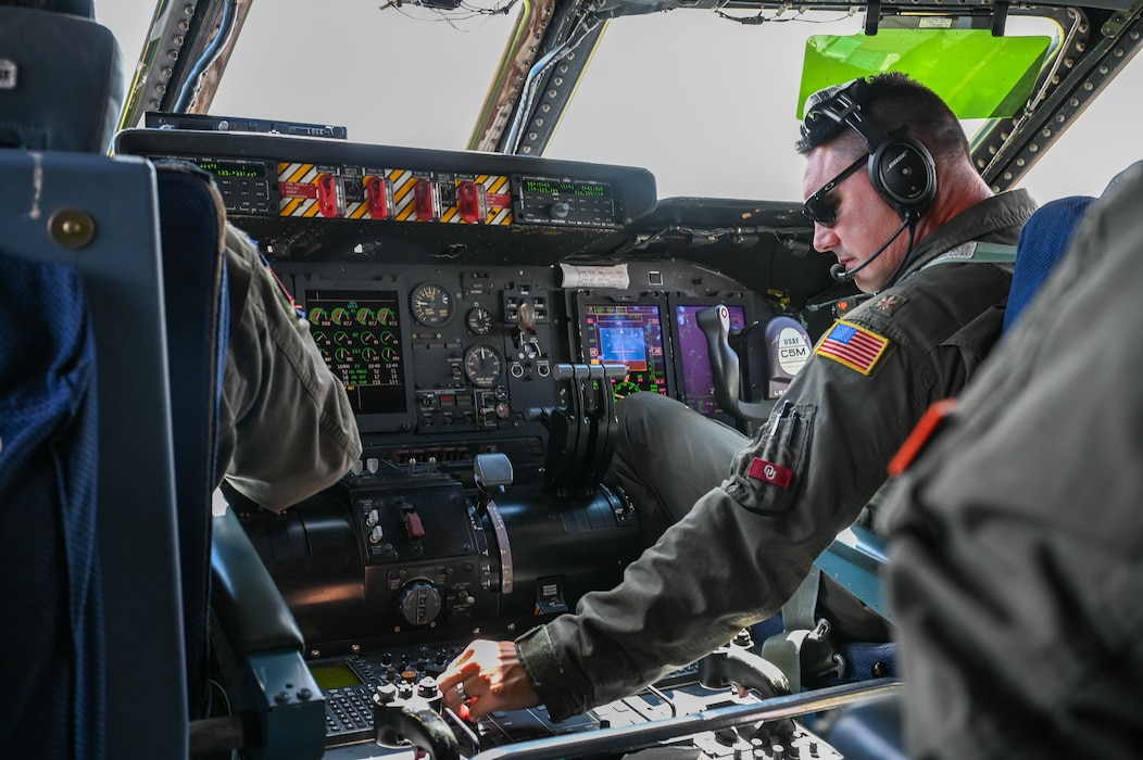 Maj. Gary Koivisto, 433rd Operations Support Squadron instructor pilot, prepares and reviews the C-5M Super Galaxy for takeoff at Joint Base San Antonio-Lackland, Texas, for a transportation mission picking up two MQ-9 Reapers and other cargo located in the Czech Republic, Sept. 20, 2024.