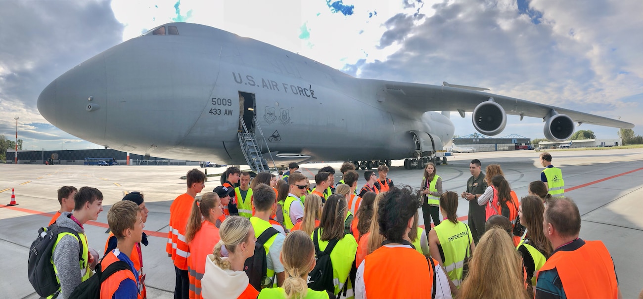 Czech Republic high school students from Masarykovo gymnázium Příbor, were greeted by  68th Airlift Squadron Reserve Citizen Airmen for a tour of the C-5M Super Galaxy at Leoš Janáček Airport in Ostrava, Czech Republic, Sept. 24, 2024.