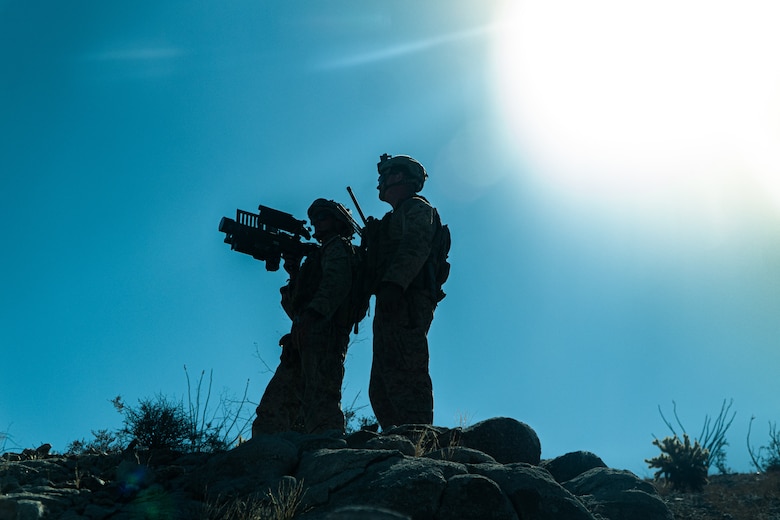 U.S. Marine Corps Lance Cpl. Brayden Westcott, left, a Midland, Texas native and Cpl. Jacob Hardin an Evansville, Indiana native, both low altitude air defense gunners assigned to 3rd Low Altitude Air Defense Battalion, 3rd Marine Aircraft Wing, observe for simulated enemy aircraft during a ground-based air defense exercise as part of Weapons and Tactics Instructor course 1-25 at Tacts Airfield, near Wellton, Arizona, Oct. 10, 2024. WTI is a seven-week training event hosted by Marine Aviation Weapons and Tactics Squadron One which emphasizes operational integration of the six functions of Marine aviation in support of the Marine Air Ground Task Force, Joint and Coalition Forces. (U.S. Marine Corps photo by Cpl. Maurion Moore)