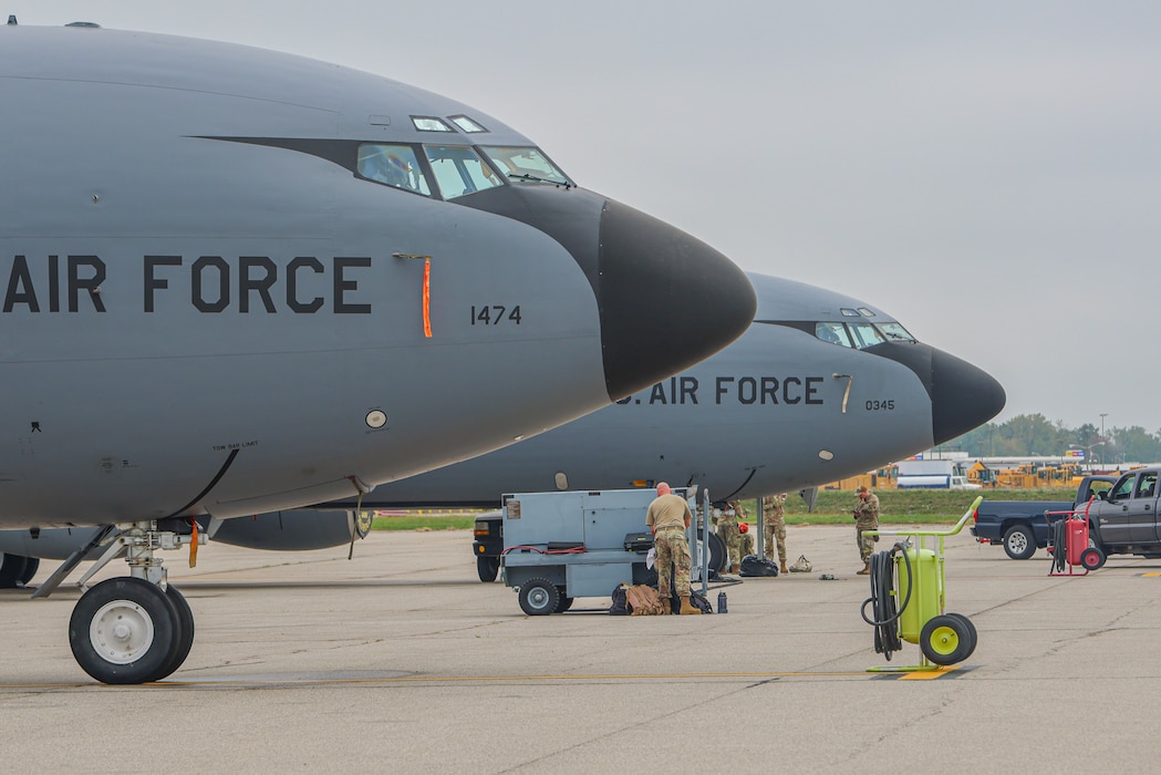 U.S. Air Force aircraft maintainers from the 127th Air Refueling Group, Michigan Air National Guard, prepare a KC-135 Stratotanker aircraft for flight in Romulus, Michigan, Sept. 30, 2024. Nearly 100 Airmen from the 127th ARG and 127th Mission Support Group dispersed to Marquette Sawyer Regional Airport and Detroit Metropolitan Wayne County Airport this summer the Selfridge Air National Guard Base runway was being repaired.(U.S. Air National Guard photo by Tech. Sgt. Andrew Schumann)