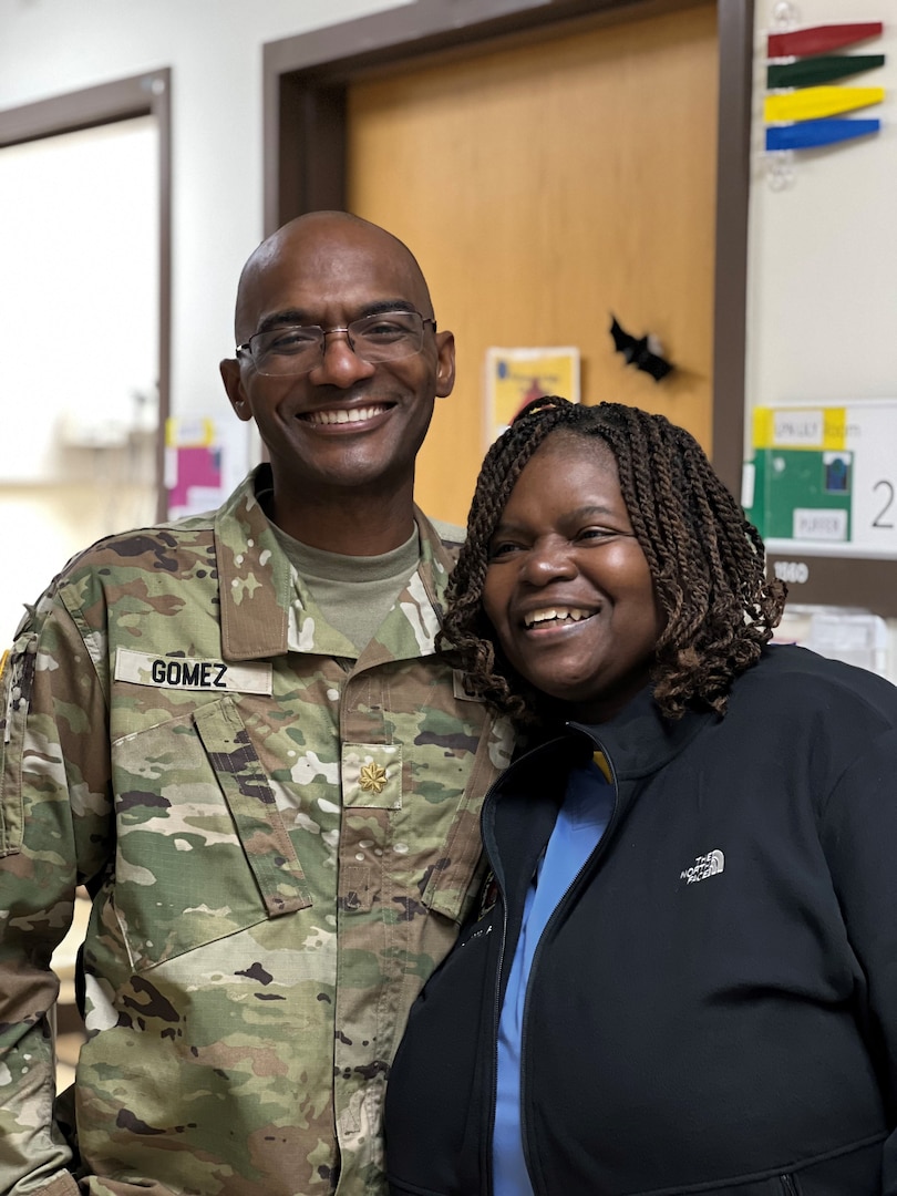 U.S. Army Maj. Joseph Gomez and Walter Reed PA Denise Crawford reunite for photo, Oct. 9, 2024. October 6 - 12 marks National Physician Assistant Week. A week in which we honor and recognize the contribution that PAs have made to the medical field. (Courtesy photo)