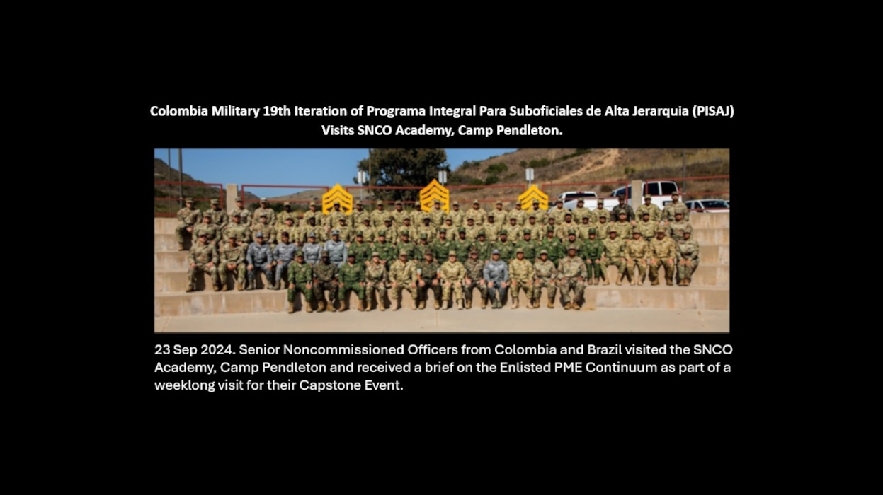 On 23 September 2024, Senior Noncommissioned Officers from Colombia and Brazil visited the SNCO Academy, Camp Pendleton and received a brief on the Enlisted PME Continuum as part of a weeklong visit for their Capstone Event.