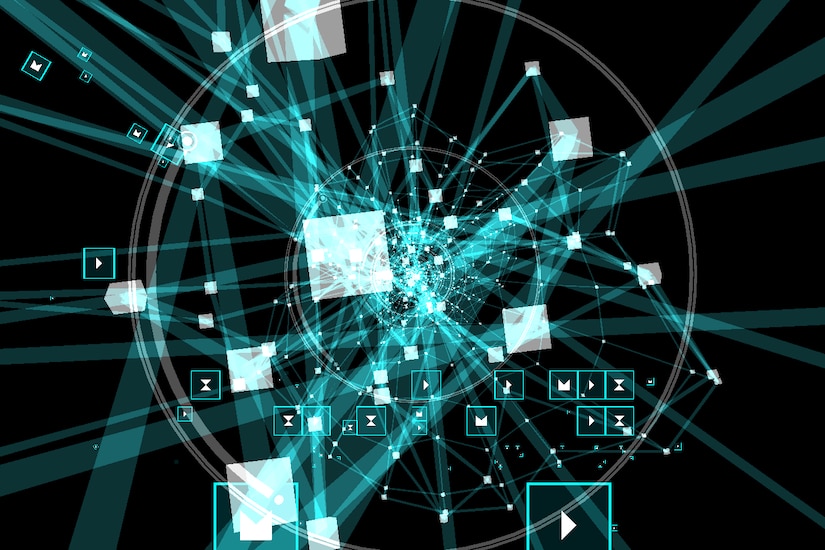 Squares and symbology spin out of circles and connected nodes.