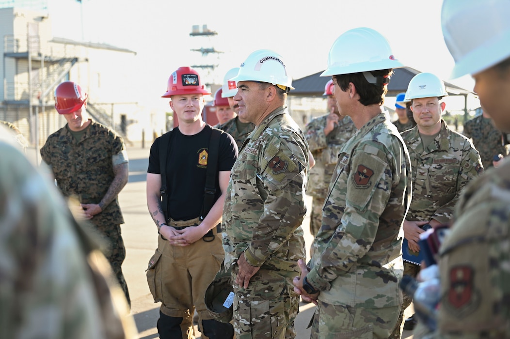 U.S. Air Force Maj. Gen. Wolfe Davidson, Second Air Force Commander, receives a briefing on the different blocks of training at the Louis F. Garland Department of Defense Fire Academy, Goodfellow Air Force Base, Texas, Oct. 1, 2024. While at the Fire Academy, Davidson got a close-up look at the equipment used for training different obstacles they face and met with students. (U.S. Air Force photo by Airman 1st Class Madi Collier)