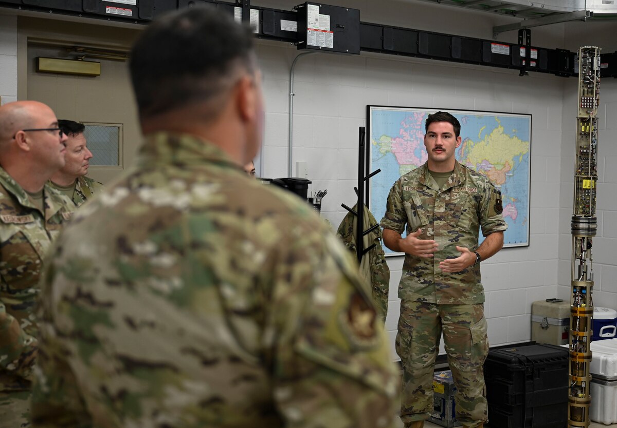 U.S. Air Force Staff Sgt. Aaron Leitschuh, 312th Training Squadron Special Instruments Training instructor, briefs about SPINSTRA training at the Louis F. Garland Department of Defense Fire Academy, Goodfellow Air Force Base, Texas, Oct. 1, 2024. He gave more insight into what training entails before being deployed to austere locations following graduation. (U.S. Air Force photo by Airman 1st Class Madi Collier)