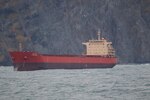 The Coast Guard continues the response, Oct. 14, 2024, to Pan Viva, a 738-foot cargo vessel, beset by weather 2.3 miles northeast of Unalaska, Alaska. Coast Guard Cutter Stratton (WMSL 752) and a tug from Dutch Harbor are on scene to assist. Pan Viva will evaluate weighing anchor as weather subsides. Coast Guard photo courtesy of CGC Stratton.