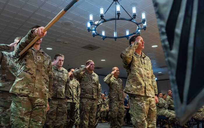 Guardians from the 31st Sustainment Squadron render a first salute to Colonel Andrew Menschner, Mission Delta 31 commander, during a redesignation ceremony at Peterson SFB, Colo., Oct 15, 2024. During the ceremony, the former Position, Navigation and Timing (PNT) Provisional Delta was officially redesignated as Mission Delta 31. The 31st Sustainment Squadron was also activated during the ceremony and is responsible for the sustainable support, updates, maintenance and modifications to our operational systems. (U.S. Space Force photo by John Ayre)