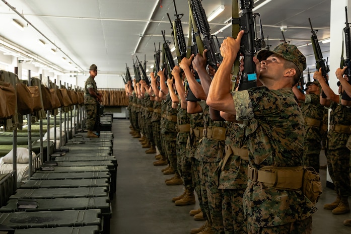 U.S. Marine Corps recruits with Mike Company, 3rd Recruit Training Battalion, practice close order drill at Marine Corps Recruit Depot San Diego, California, Sept. 17, 2024. Drill is essential to recruit training as it instills confidence, teamwork and discipline within the recruits. (U.S. Marine Corps photo by Lance Cpl. Eric Valerio)
