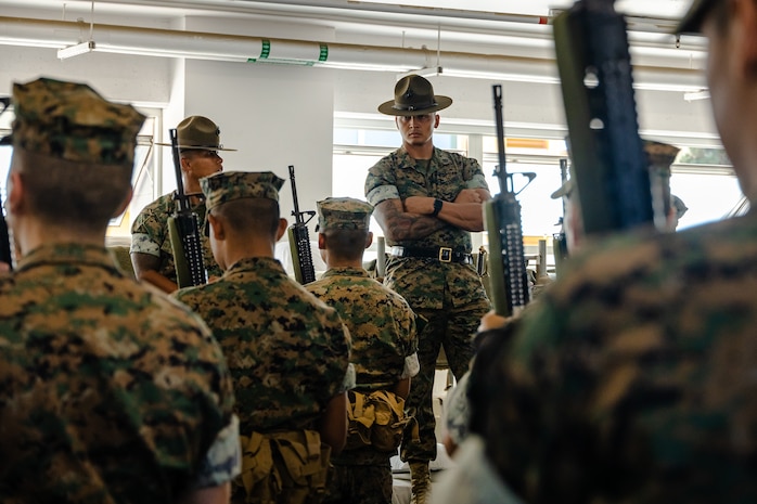 U.S. Marine Corps Sgt. Sean O’Keefe, a senior drill instructor with Mike Company, 3rd Recruit Training Battalion, observes recruits during close order drill practice at Marine Corps Recruit Depot San Diego, California, Sept. 17, 2024. Drill is essential to recruit training as it instills confidence, teamwork and discipline within recruits. (U.S. Marine Corps photo by Lance Cpl. Eric Valerio)