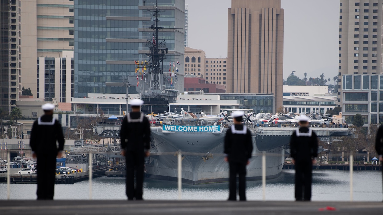 Sailors man the rails as USS Theodore Roosevelt (CVN 71) arrives at Naval Base San Diego.