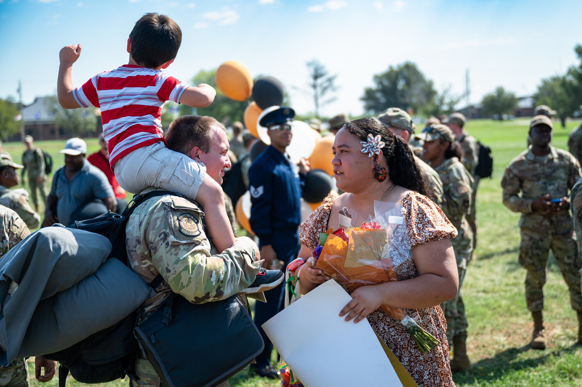 Dyess Airmen return from deployment at Dyess Air Force Base, Texas, Oct. 10, 2024. The 7th Bomb Wing held a welcome home celebration attended by friends and family of returning personnel. (U.S. Air Force photo by Airman 1st Class Jade M. Caldwell)