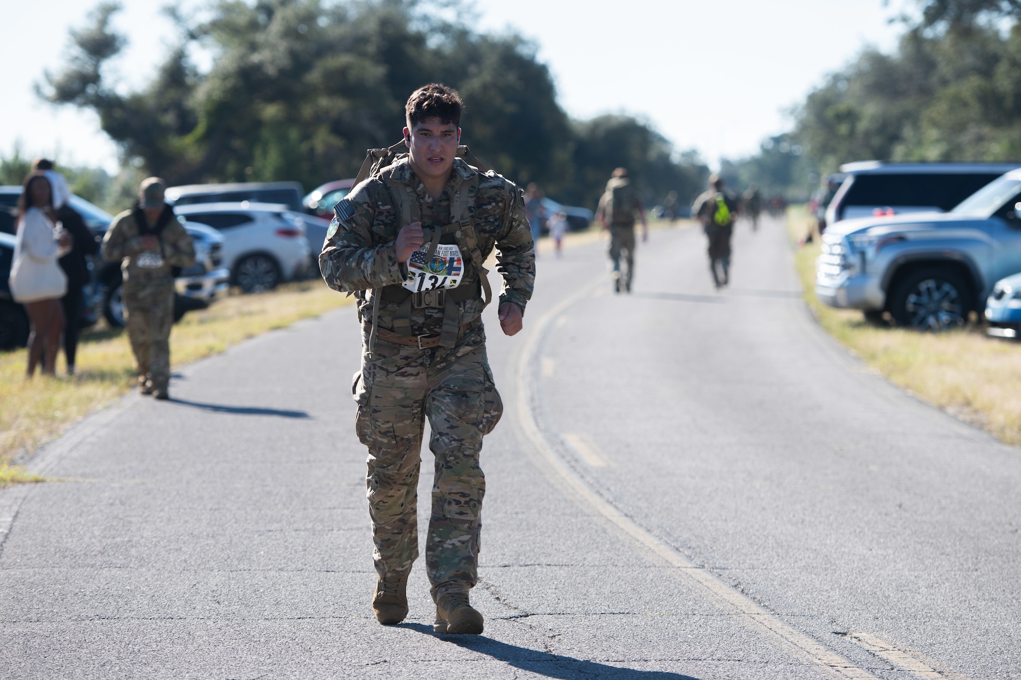 A U.S. Army Soldier participates in a ruck march.