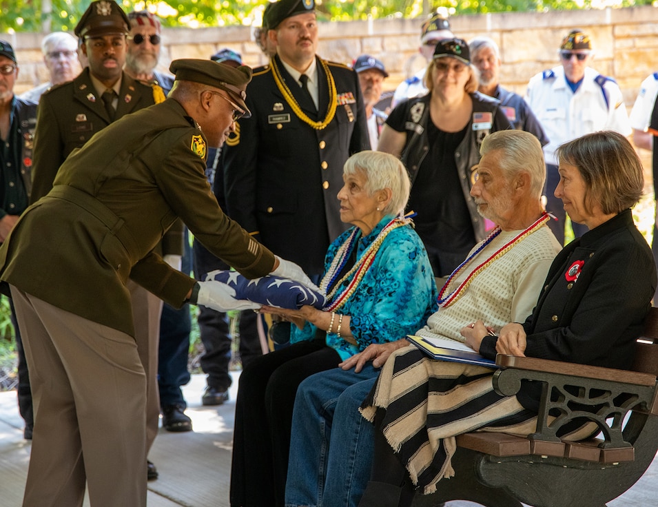 Maj. Gen. Rodney Boyd, The Adjutant General of Illinois and Commander of the Illinois National Guard, presents Illinois Army National Guard Pfc. Harry Jerele’s funeral flag to Rosemarie Dillon, the 89-year-old niece, and Jerele’s primary next of kin.