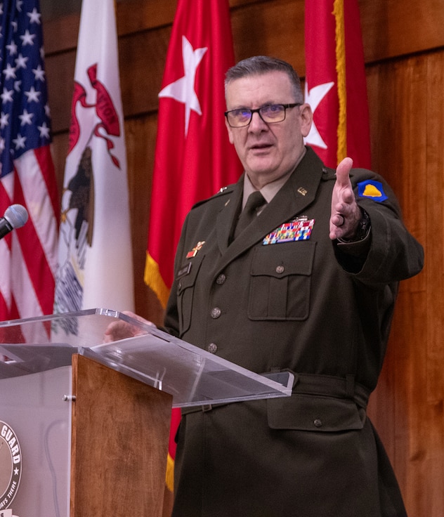 Newly-promoted Brig. Gen. Lenny Williams, Assistant Adjutant General – Army and Commander of the Illinois Army National Guard, thanks family and friends for their support throughout his military service during a promotion ceremony Oct. 11 at the Illinois Military Academy, Camp Lincoln, Springfield.