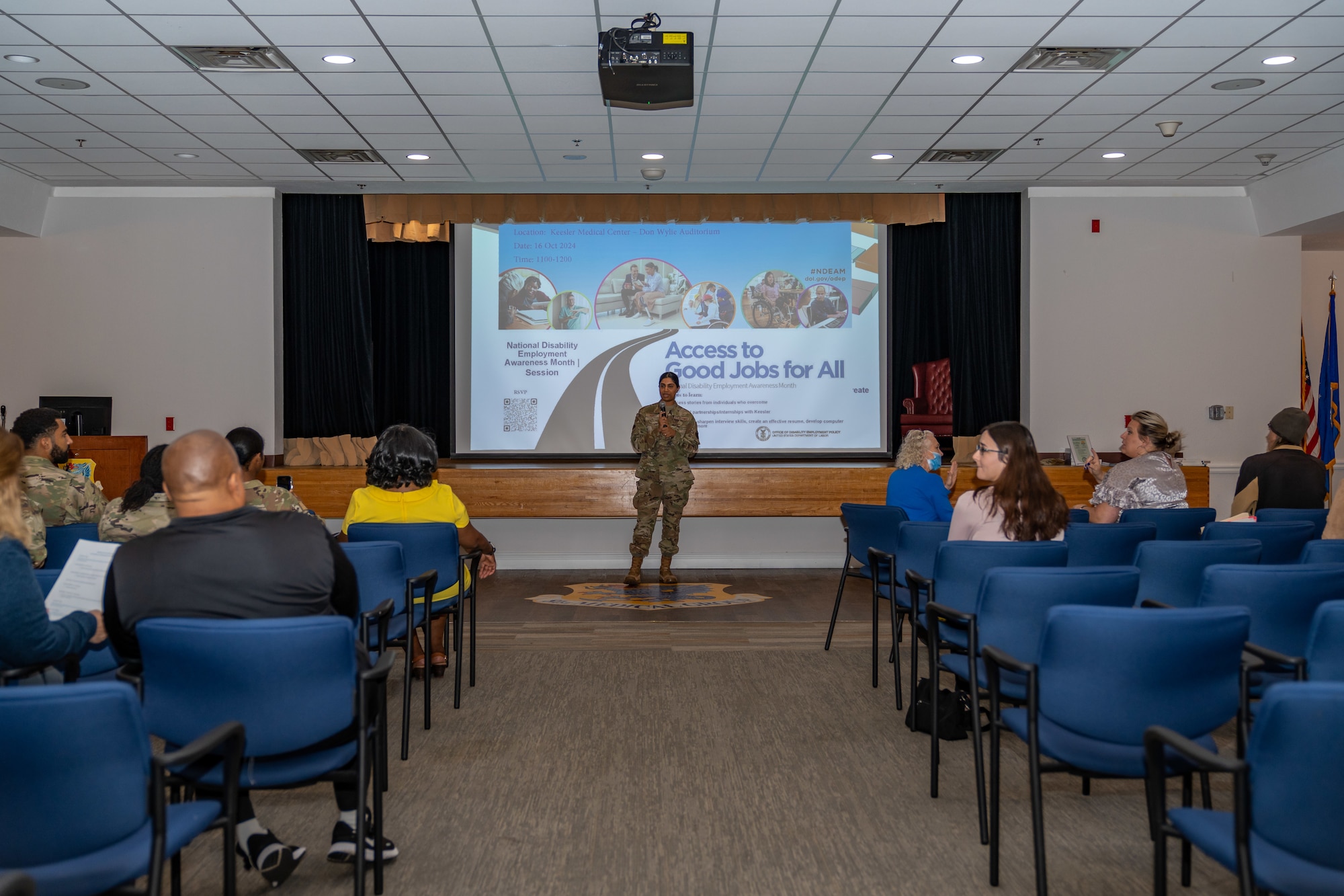 U.S. Air Force Senior Airman Chinmayee Huber, 81st Comptroller Squadron special actions team, gives the opening remarks during the National Disability Employment Awareness Month Presentation at Keesler Air Force Base, Mississippi, Oct. 16, 2024. NDEAM celebrates the contributions of America’s workers with disabilities past and present while showcasing supportive, inclusive employment policies that benefit employers and employees. (U.S. Air Force photo by Andrew Young)