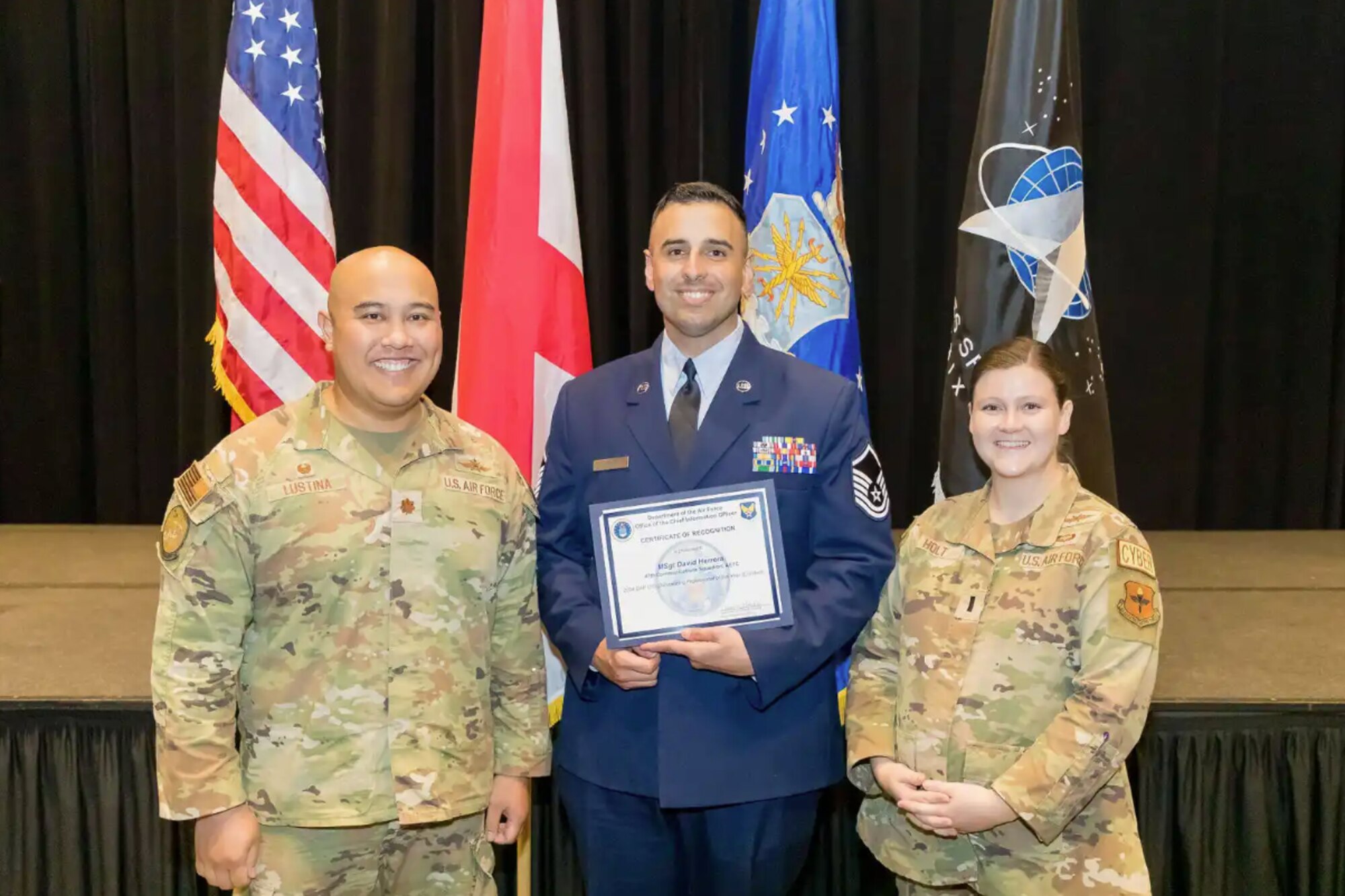 U.S. Air Force Master Sgt. David Herrera, 47th Communication Squadron (CS) network control center section chief, poses for a photo with his award at Montgomery, Ala. Aug. 2024. Herrera won the 2024 Department of the Air Force Chief Information Officer Outstanding Enlisted Professional of the Year. (Courtesy photo)