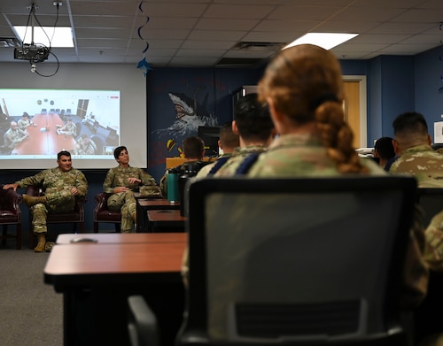 U.S. Air Force Maj. Gen. Wolfe Davidson, Second Air Force Commander, and Chief Master Sgt. Kristina Montgomery, Second Air Force Command Chief, host a roundtable discussion with military training leaders at the 316th Training Squadron dormitory, Goodfellow Air Force Base, Texas, Oct. 1, 2024. MTLs from across the 17th Training Wing attended to discuss how the technical training environment is shaping prepared, ready Airmen. (U.S. Air Force photo by Airman 1st Class Madi Collier)