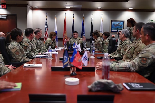U.S. Air Force Maj. Gen. Wolfe Davidson, Second Air Force Commander, attends a Wing Mission Brief at the Norma Brown headquarters building, Goodfellow Air Force Base, Texas, Oct. 1, 2024. The Wing Mission Brief introduces visitors to each of the groups and squadrons that fall under the 17th Training Wing, including geographically separated units, and explains how their operations support the 17 TRW’s mission. (U.S. Air Force photo by Airman 1st Class Madi Collier)