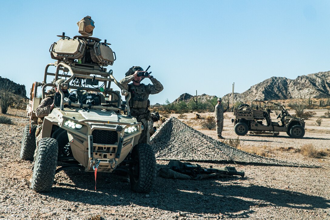 U.S. Marine Corps Sgt. Angel LopezLopez a Phoenix, Arizona native and a low altitude air defense gunner assigned to 3rd Low Altitude Air Defense Battalion, 3rd Marine Aircraft Wing, guides a Light Marine Air Defense Integrated System during a ground-based air defense exercise as part of Weapons and Tactics Instructor course 1-25 at Tacts Airfield near Wellton, Arizona, Oct. 10, 2024. WTI is a seven-week training event hosted by Marine Aviation Weapons and Tactics Squadron One which emphasizes operational integration of the six functions of Marine aviation in support of the Marine Air Ground Task Force, Joint and Coalition Forces. (U.S. Marine Corps photo by Lance Cpl. Micah Thompson)