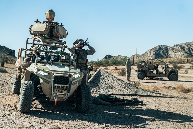 U.S. Marine Corps Sgt. Angel LopezLopez a Phoenix, Arizona native and a low altitude air defense gunner assigned to 3rd Low Altitude Air Defense Battalion, 3rd Marine Aircraft Wing, guides a Light Marine Air Defense Integrated System during a ground-based air defense exercise as part of Weapons and Tactics Instructor course 1-25 at Tacts Airfield near Wellton, Arizona, Oct. 10, 2024. WTI is a seven-week training event hosted by Marine Aviation Weapons and Tactics Squadron One which emphasizes operational integration of the six functions of Marine aviation in support of the Marine Air Ground Task Force, Joint and Coalition Forces. (U.S. Marine Corps photo by Lance Cpl. Micah Thompson)