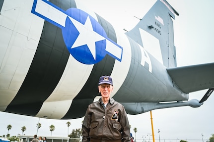 Jim Kunkle, World War II U.S. Army Air Corps veteran, at the Central Coast AirFest at the Santa Maria Airport in Santa Maria, California, Sept. 21, 2024. The 155th Air Refueling Wing's KC-135 has a heritage paint scheme honoring Kunkle, who received the Distinguished Service Cross for engaging 20 German aircraft and downing two of them.