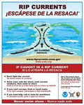 NOAA Graphic in Spanish and English explaining what to do if a person finds themselves caught in a rip current, how to escape..