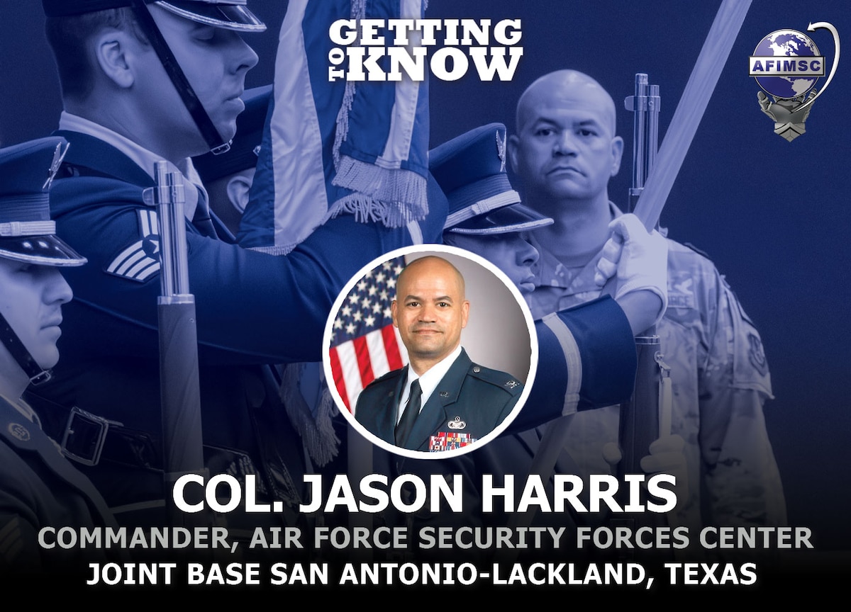 AFIMSC Getting to Know Graphic featuring Col. Jason Harris' official photo and photo of him at an official ceremony in background.