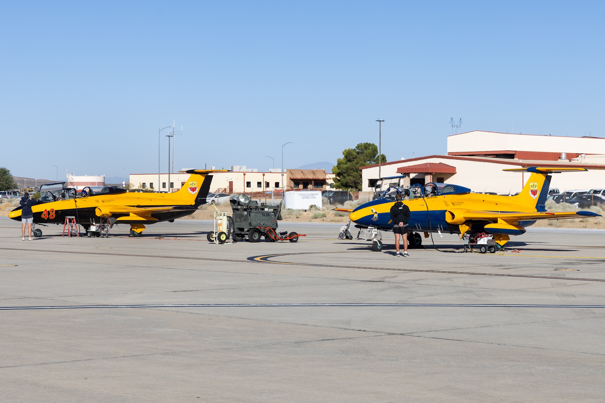 Two L-29's from the University of Iowa's Operator Performance Laboratory recently supported several test initiatives in collaboration with the United States Air Force Test Pilot School. The thirty-day deployment at Edwards helped students and instructors obtain key research in the areas of autonomy and machine learning (Air Force photo by Madeline Guadarrama).
