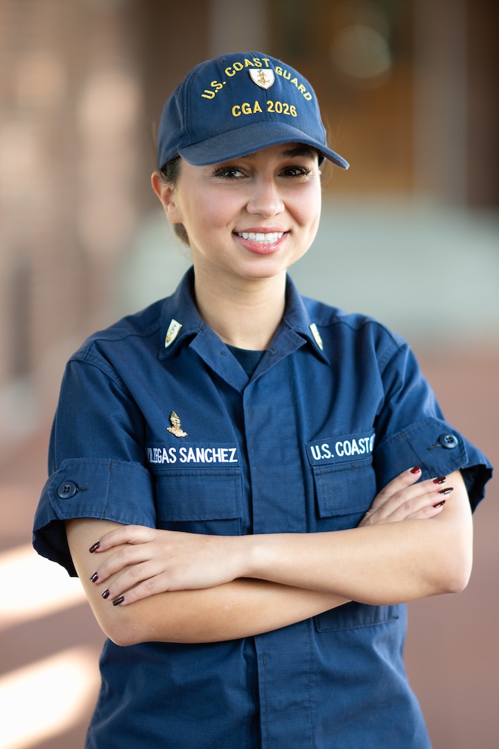 U.S. Coast Guard Cadet Kayla Villegas Sanchez posing for a photo at the U.S. Coast Guard Academy in New London, Connecticut, Oct. 17, 2024. Sanchez was recognized at the 2024 National LATINA Symposium for her outstanding contributions as a leader and advocate for cultural diversity at the U.S. Coast Guard Academy. (U.S. Coast Guard photo by Petty Officer 2nd Class Janessa Warschkow).