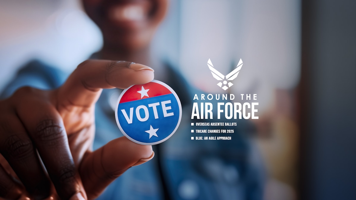 In this week’s look around the Air Force, overseas service members can send Absentee Ballots using Priority Express Mail for free, new TRICARE contracts in 2025 impact referrals and specialty care, and the newest issue of BLUE on the Airman Magazine website explores the shift to Agile Combat Employment. (U.S. Air Force graphic)