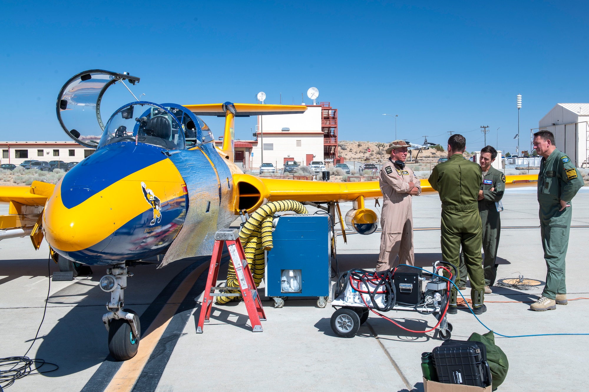 Two L-29's from the University of Iowa's Operator Performance Laboratory recently supported several test initiatives in collaboration with the United States Air Force Test Pilot School. The thirty-day deployment at Edwards helped students and instructors obtain key research in the areas of autonomy and machine learning (Air Force photo by Madeline Guadarrama).