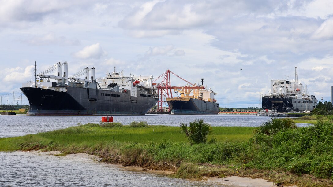Ships offload on the slipway at Marine Corps Support Facility Blount Island in Florida.