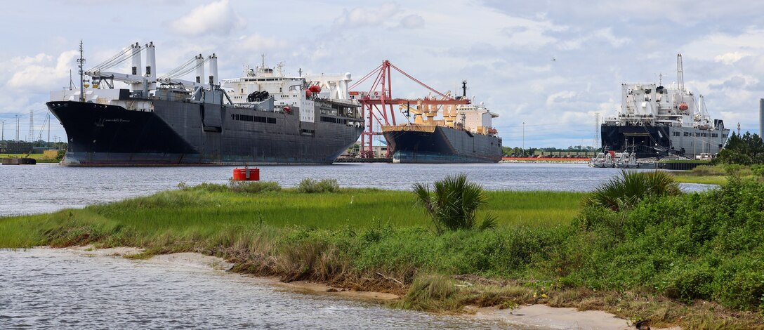 USNS ships staged for offloading Sept. 6, 2024, at Marine Corps Support Facility Blount Island in Florida.