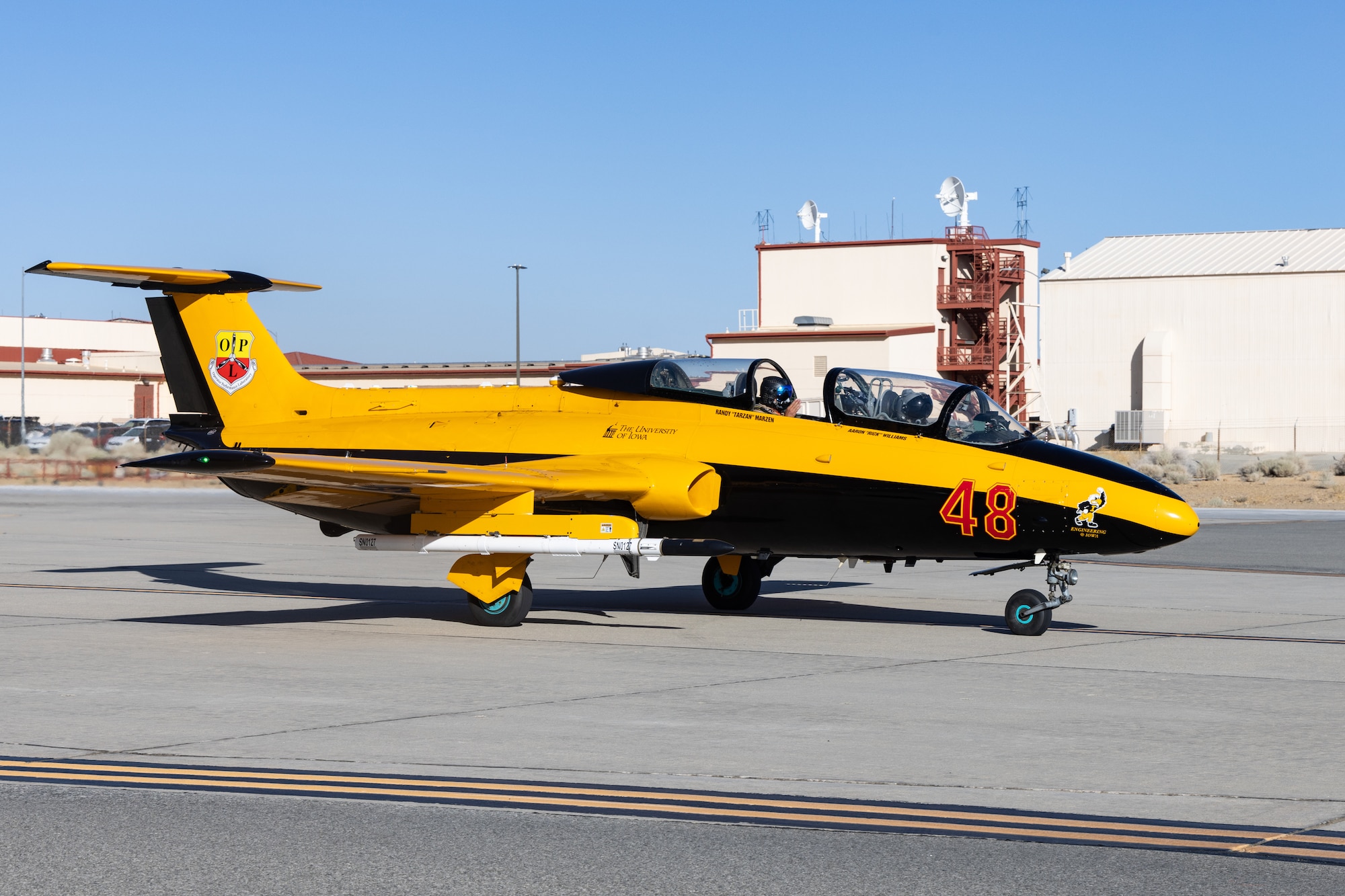 Two L-29's from the University of Iowa's Operator Performance Laboratory recently supported several test initiatives in collaboration with the United States Air Force Test Pilot School. The thirty-day deployment at Edwards helped students and instructors obtain key research in the areas of autonomy and machine learning (Air Force photo by Madeline Guadarrama).