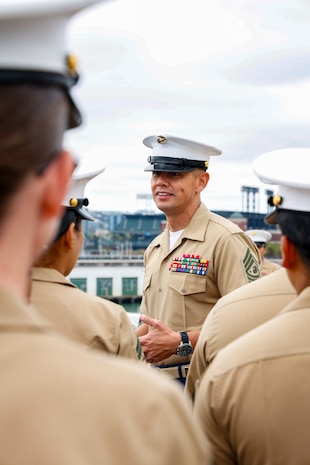 U.S. Marine Corps Sgt. Maj. Carlos A. Ruiz, the 20th Sergeant Major of the Marine Corps, gives remarks after a meritorious promotion ceremony aboard the Amphibious Assault Ship USS Tripoli (LHA-7) during San Francisco Fleet Week 2024 in San Francisco, Oct. 12, 2024. SFFW, now in its 43rd iteration, is a time-honored sea service celebration that allows citizens of the Bay Area to witness today’s maritime capabilities firsthand. Nearly 2,500 Sailors, Marines, and Coast Guardsmen will showcase their capabilities and equipment, participate in various community service events, and enjoy the hospitality of the Bay Area during the event. (U.S. Marine Corps photo by Gunnery Sgt. Courtney G. White)