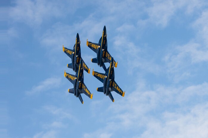 The U.S. Navy Blue Angels perform aerial maneuvers at the EXPO on the Marina Green during San Francisco Fleet Week 2024 in San Francisco, Oct. 13, 2024. SFFW, now in its 43rd iteration, is a time-honored sea service celebration that allows citizens of the Bay Area to witness today’s maritime capabilities firsthand. Nearly 2,500 Sailors, Marines, and Coast Guardsmen will showcase their capabilities and equipment, participate in various community service events, and enjoy the hospitality of the Bay Area during the event. (U.S. Marine Corps photo by Cpl. Bruin Largent)