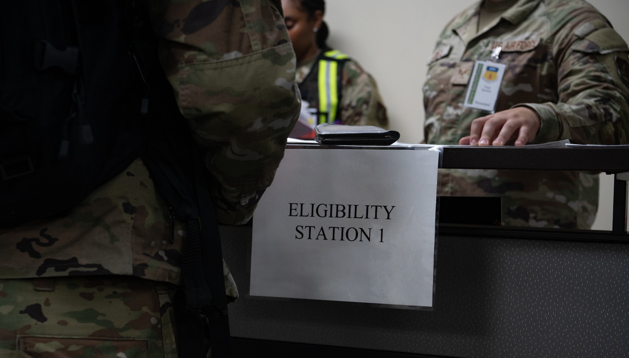 The 36th Wing participates in a simulated Personnel Deployment Function Line for Exercise Slingstone 24-4 at Andersen Air Force Base, Guam, October 18, 2024. A PDF Line is a comprehensive process involving multiple support agencies taking care of Airmen who are about to deploy. During Slingstone 24-4, Andersen tested this process and logged what is done efficiently and what could be improved should a real-world scenario happen. (U.S. Air Force Photo by Staff Sgt. Pedro Tenorio)