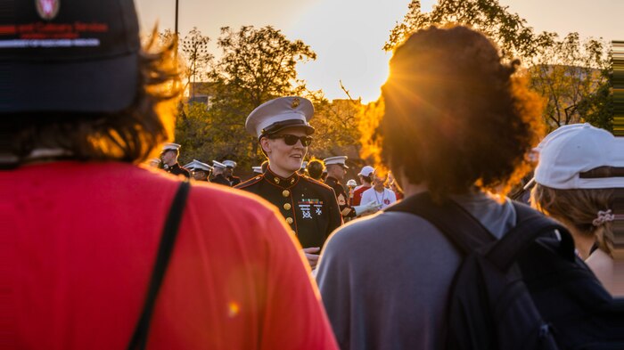 U.S. Marine Corps Staff Sgt. Lucy Warmbrodt, a Musician Technical Assistant with 9th Marine Corps District, speaks about the Musician Enlistment Option Program in Madison, Wisc., Oct. 7, 2024. The MARFORRES Band toured Recruiting Station Milwaukee’s area of responsibility performing for students and speaking about the benefits of the Musician Enlistment Option Program. (U.S. Marine Corps photo by Cpl. Collette Hagen)