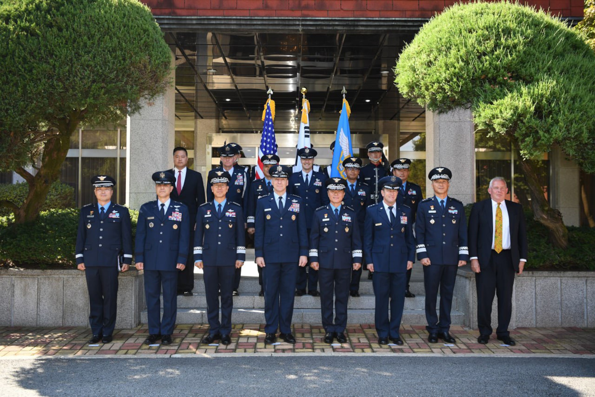 U.S. Air Force Chief of Staff Gen. David Allvin and Republic of Korea Air Force Chief of Staff Gen. Lee Young-su, pose with senior ROK and U.S. air force leaders at the ROKAF Headquarters in Gyeryongdae, Republic of Korea, Oct. 17, 2024.