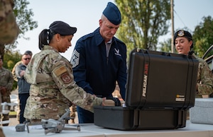 Chief Master Sgt. of the Air Force David Flosi participates in a hands-on brief with the 51st Security Forces Squadron at Osan Air Base, Republic of Korea, Oct. 17, 2024. Flosi highlighted the importance of enhancing sponsorship and continuity efforts at the 51st Fighter Wing to build trust and improve support for Airmen and their families, ensuring their well-being while strengthening the wing's operational effectiveness in defending the freedom of 51 million people in the ROK. (U.S. Air Force photo by Senior Airman Brittany Russell)